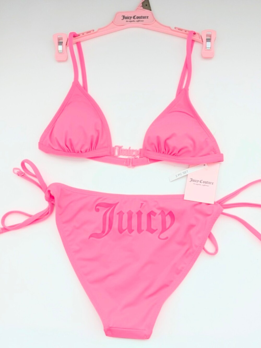 NWT Juicy Women's (S) Pink Triangle Bikini w/Logo Hardware Top & Logo Bottoms
